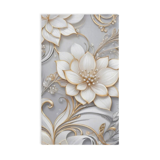 White Gold Floral Hand Towel with Silver Grey bg. | Elegant 3D Lotus Pattern