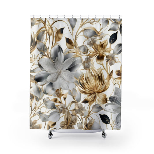 Gold and Silver Floral Shower Curtain | Metallic Botanical Bathroom Decor