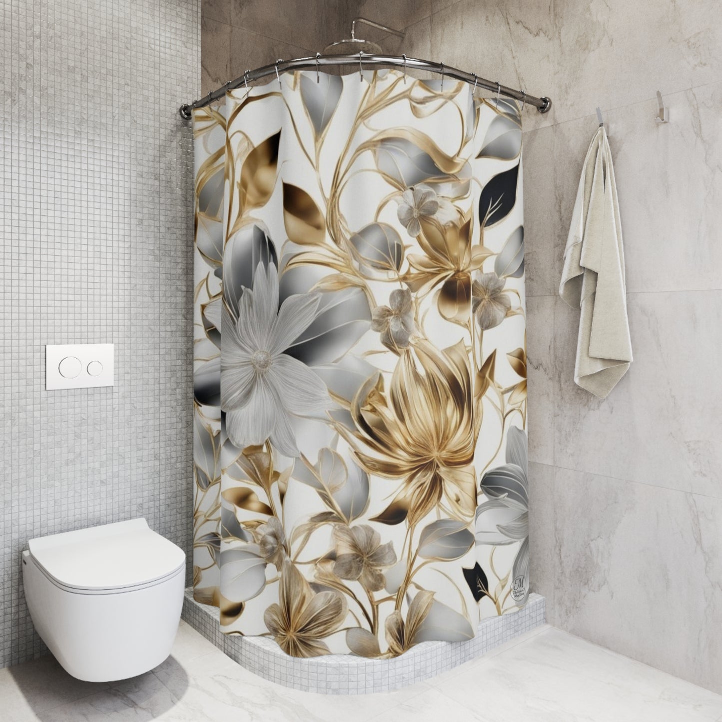 Gold and Silver Floral Shower Curtain | Metallic Botanical Bathroom Decor