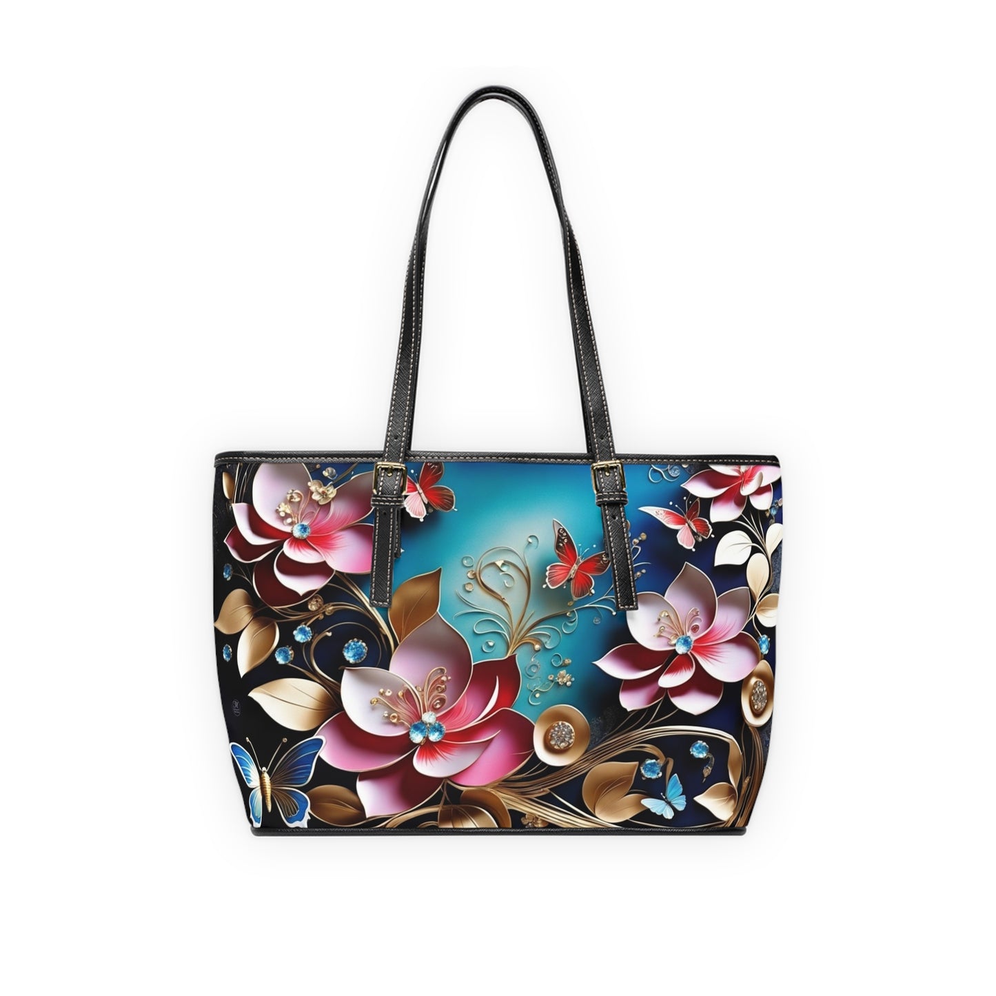 Floral Butterfly Pattern PU Leather Shoulder Bag | Pink Teal Blossoms