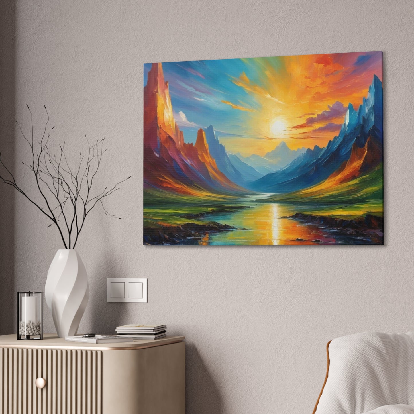 Sunrise Valley Canvas Wall Art - Vibrant Mountain Landscape Painting