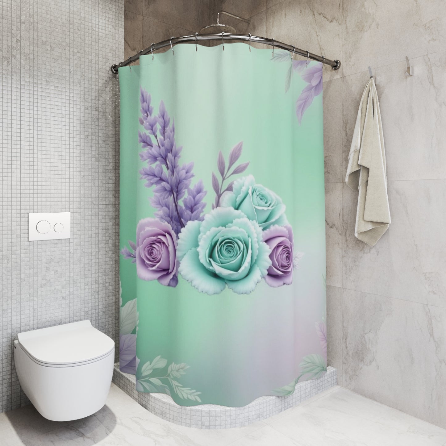 Mint and Lavender Floral Shower Curtain | Rose Bouquet Bathroom Decor