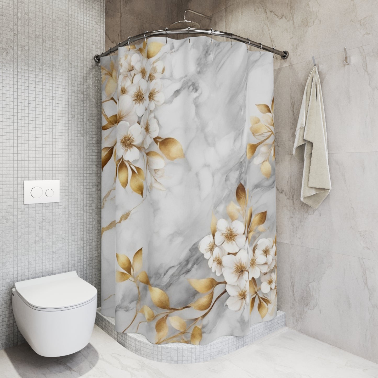 Marble Floral Shower Curtain — Gold Blossom Bathroom Curtain