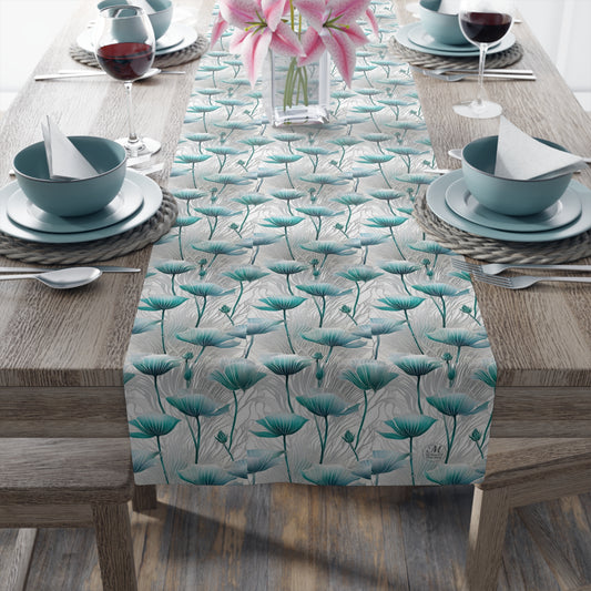Teal Poppy Floral Table Runner | Cotton Polyester Dining Decor