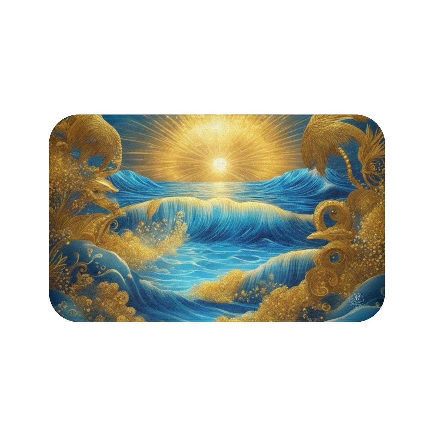 Golden Sunrise Whimsical Ocean Waves Bath Mat | Blue Sea Sunlight Décor