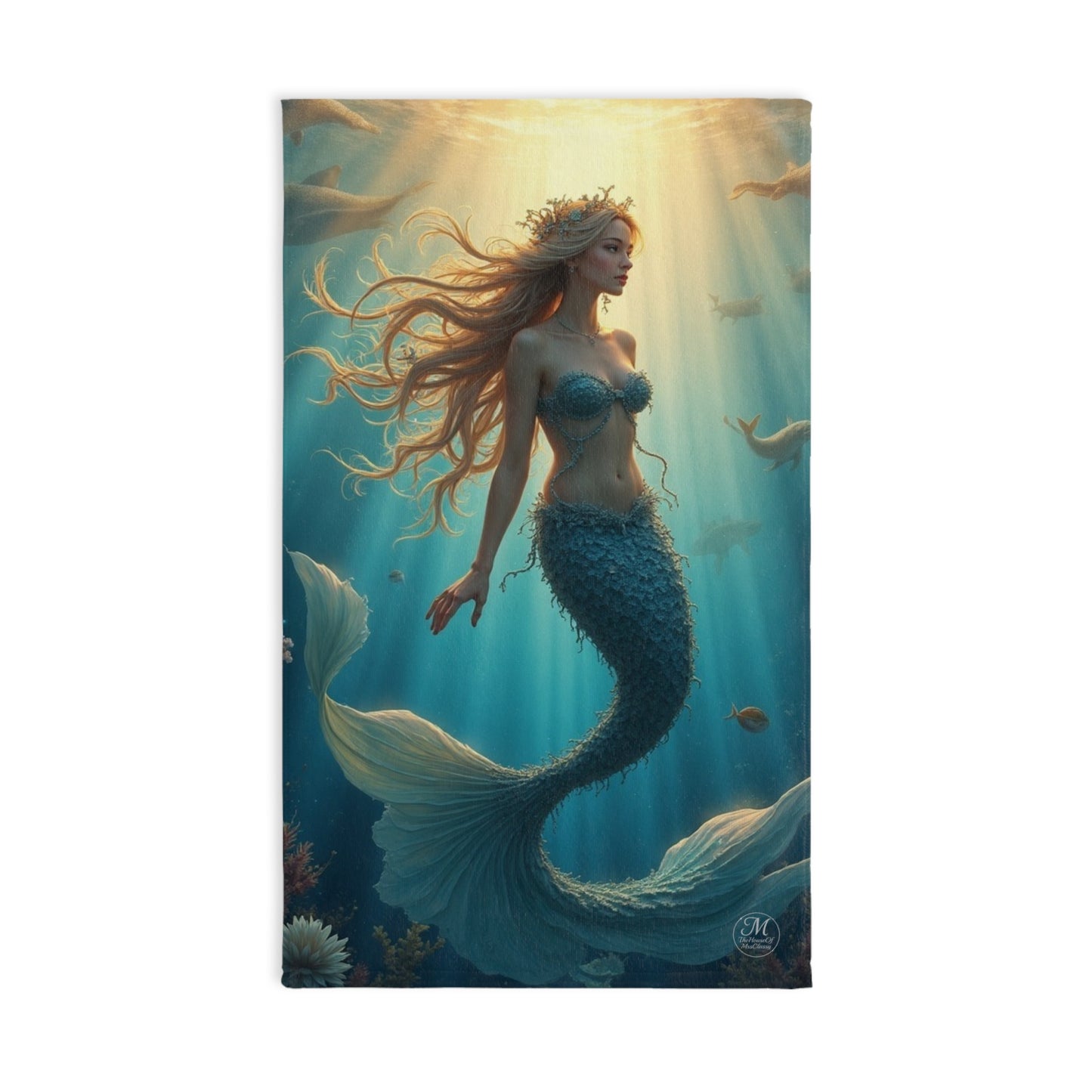 Underwater Mermaid Hand Towel | Ocean Fantasy Pose, Sea Life Scene