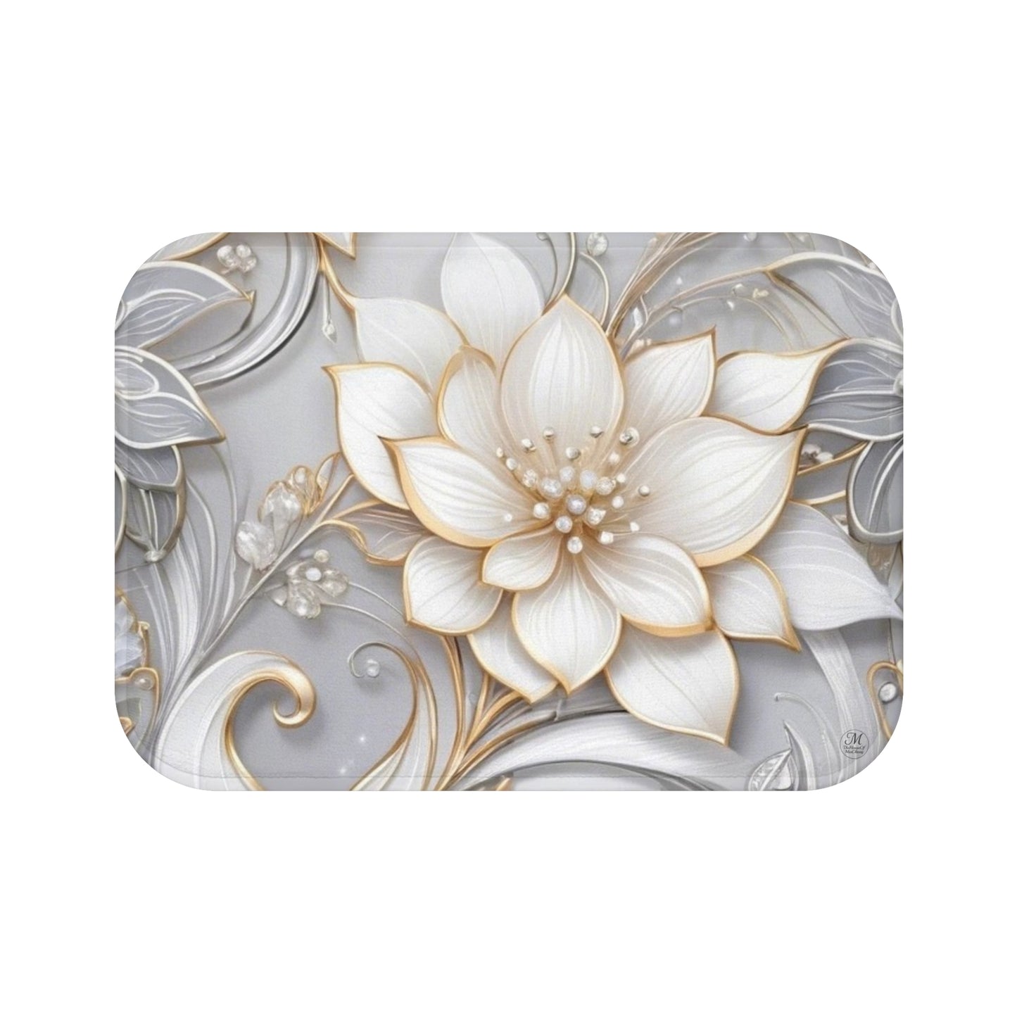 Gold & Ivory Floral Bath Mat | Elegant 3D Flower Scroll Design