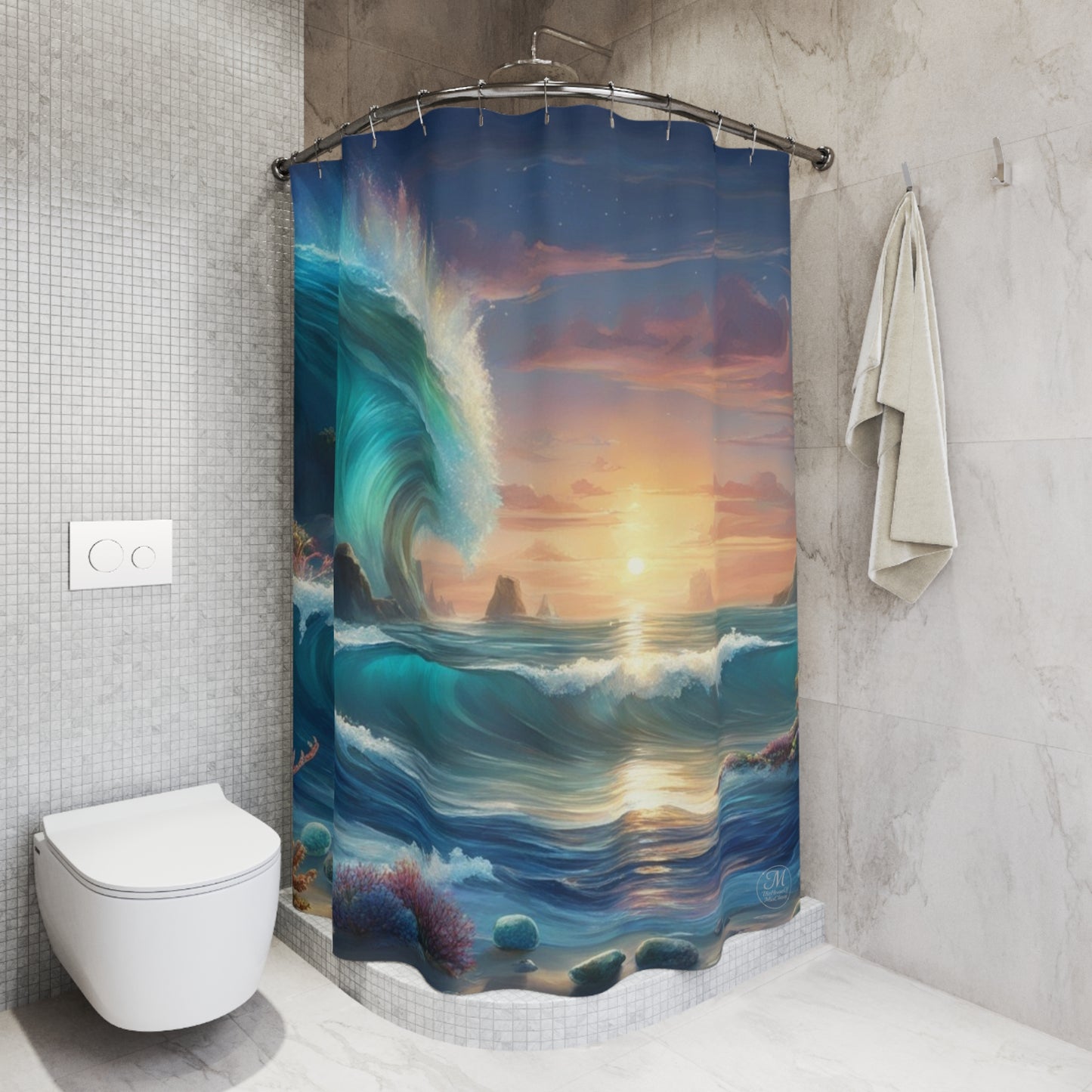 Ocean Wave Sunset Shower Curtain | Turquoise Sea Coastal Bathroom Decor