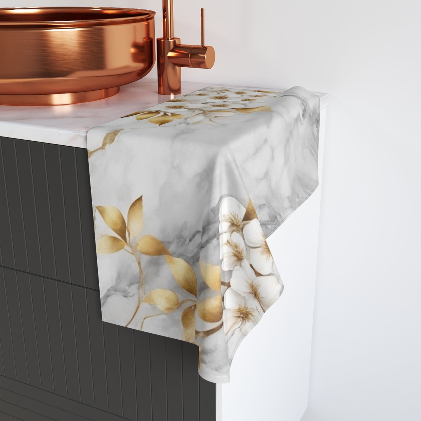Marble Floral Hand Towel — Gold Blossom Bathroom Accent