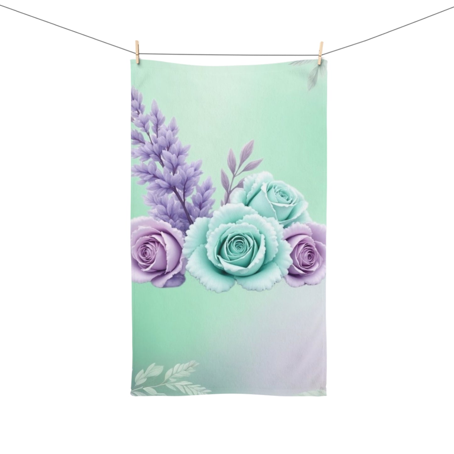 Mint and Lavender Rose Bouquet Hand Towel | Floral Bathroom Decor