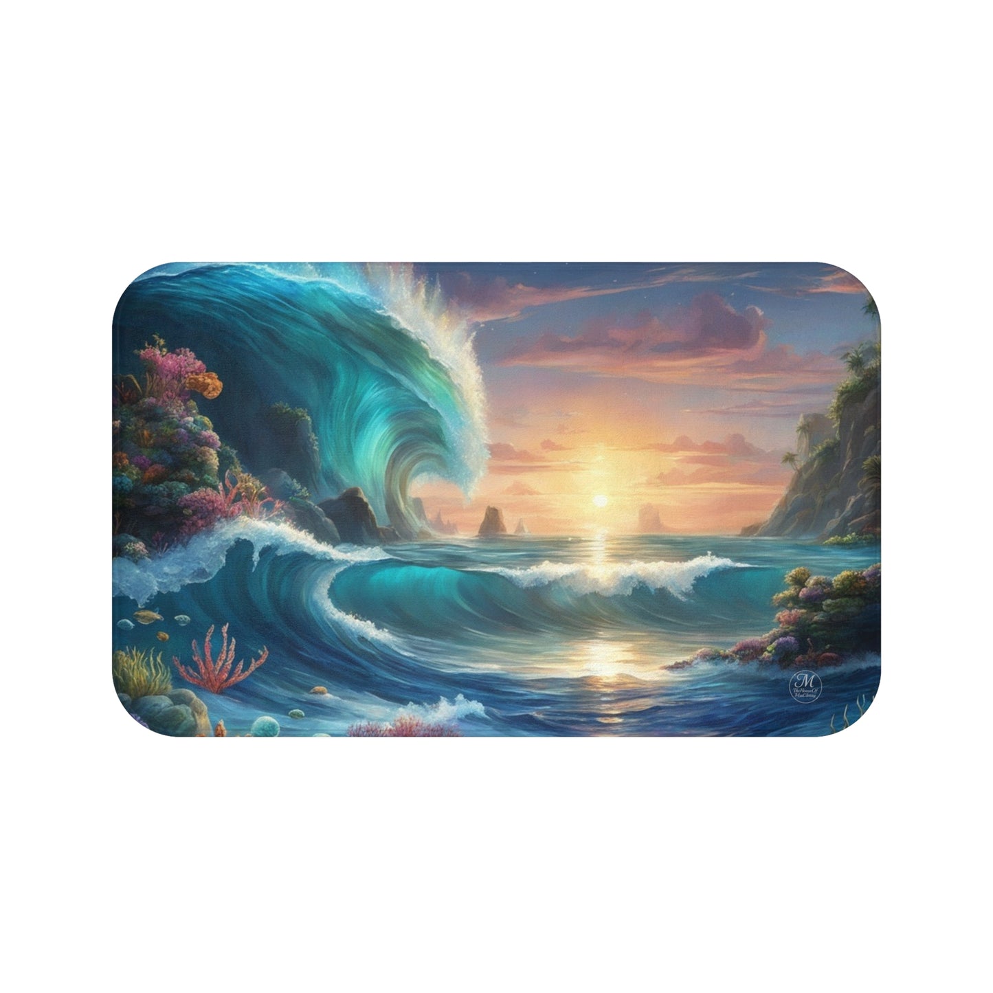 Sunset Ocean Wave Bath Mat | Tropical Seascape, Coral Reef