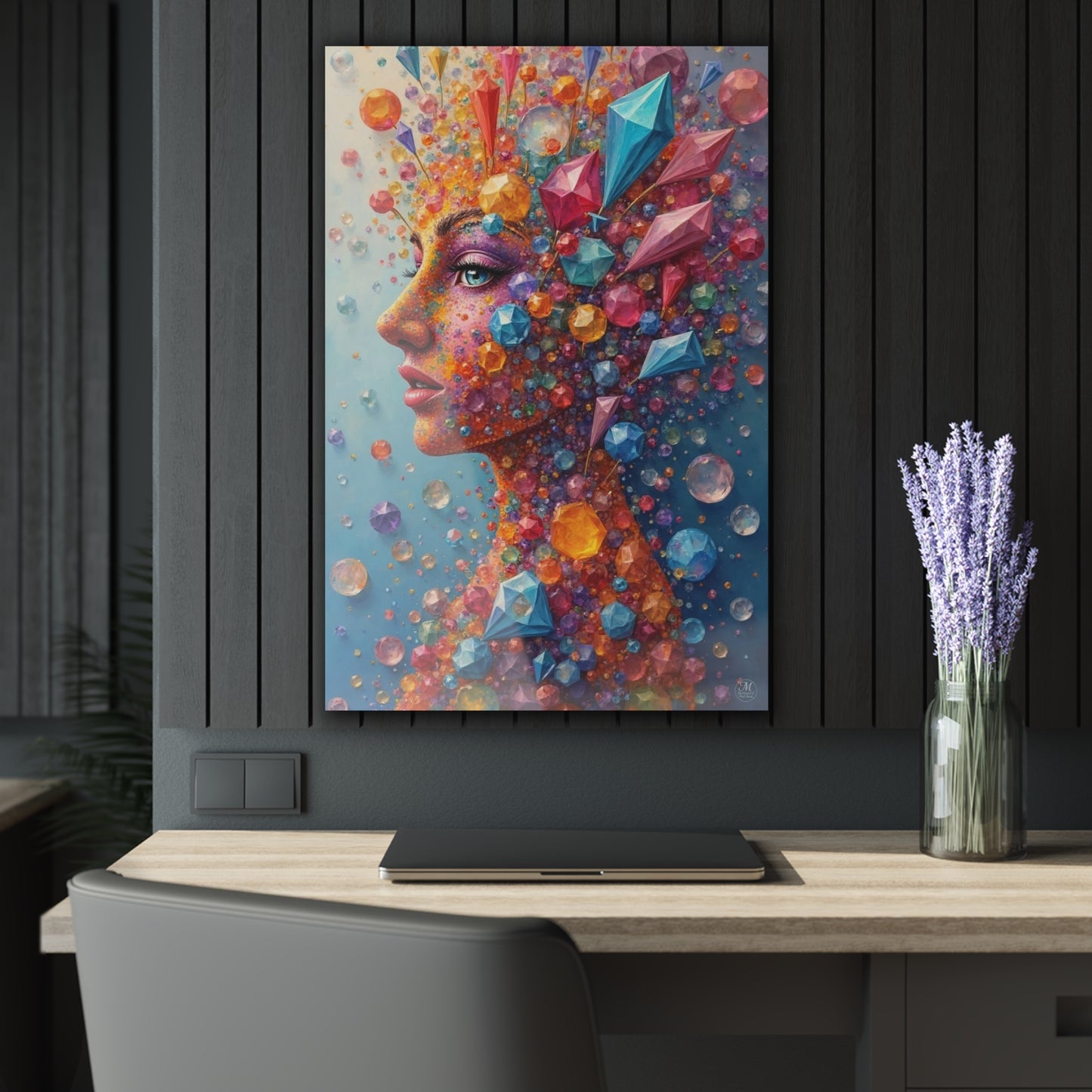 Gemstone Woman portrait Acrylic Print 24x36 | Colorful crystal face art, French cleat hanging