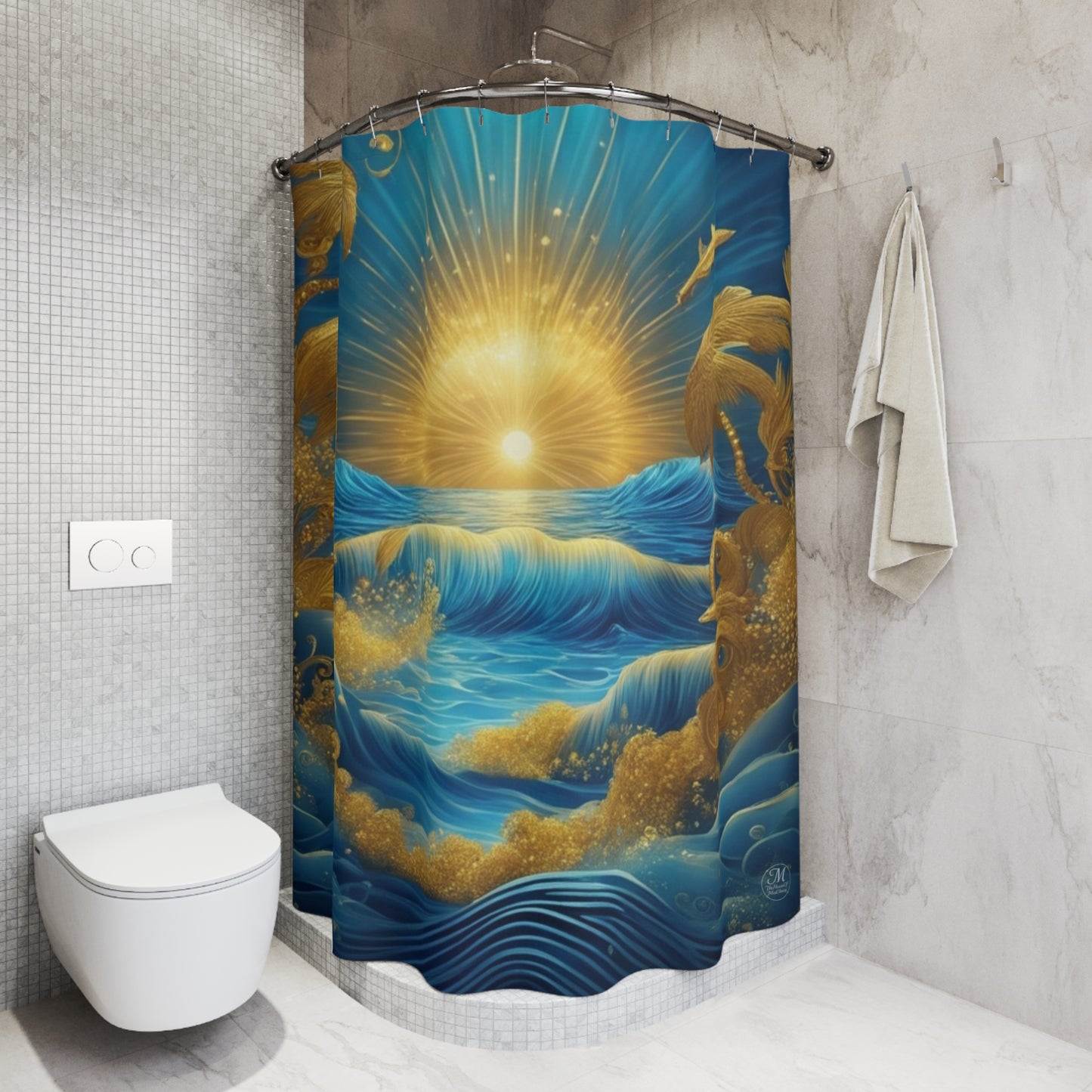Golden Sunburst Ocean Whimsical Scene Shower Curtain | Nautical Waves, Dolphins