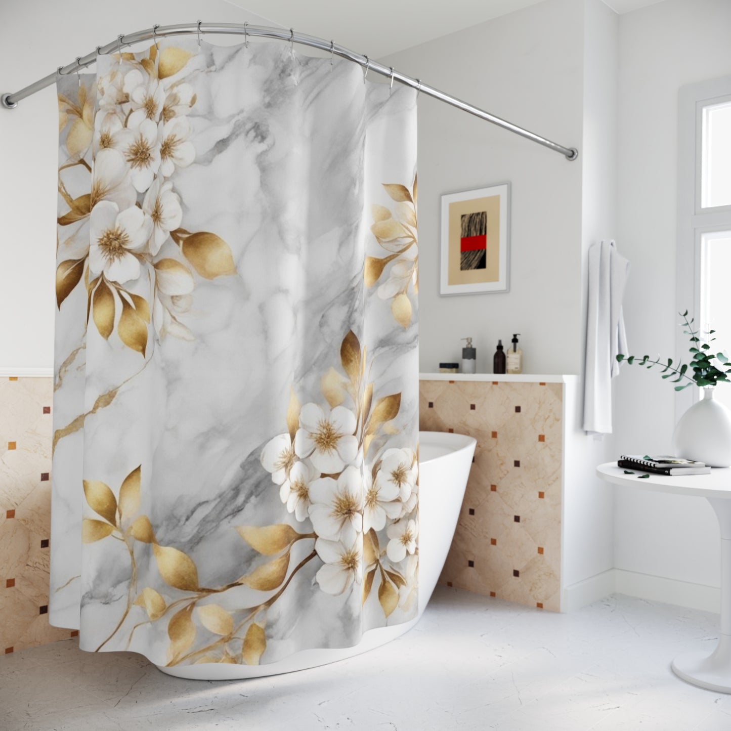 Marble Floral Shower Curtain — Gold Blossom Bathroom Curtain
