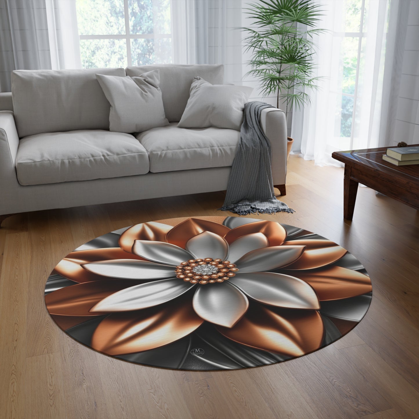 Metallic Floral Mandala Round Rug | Copper Silver Flower Rug