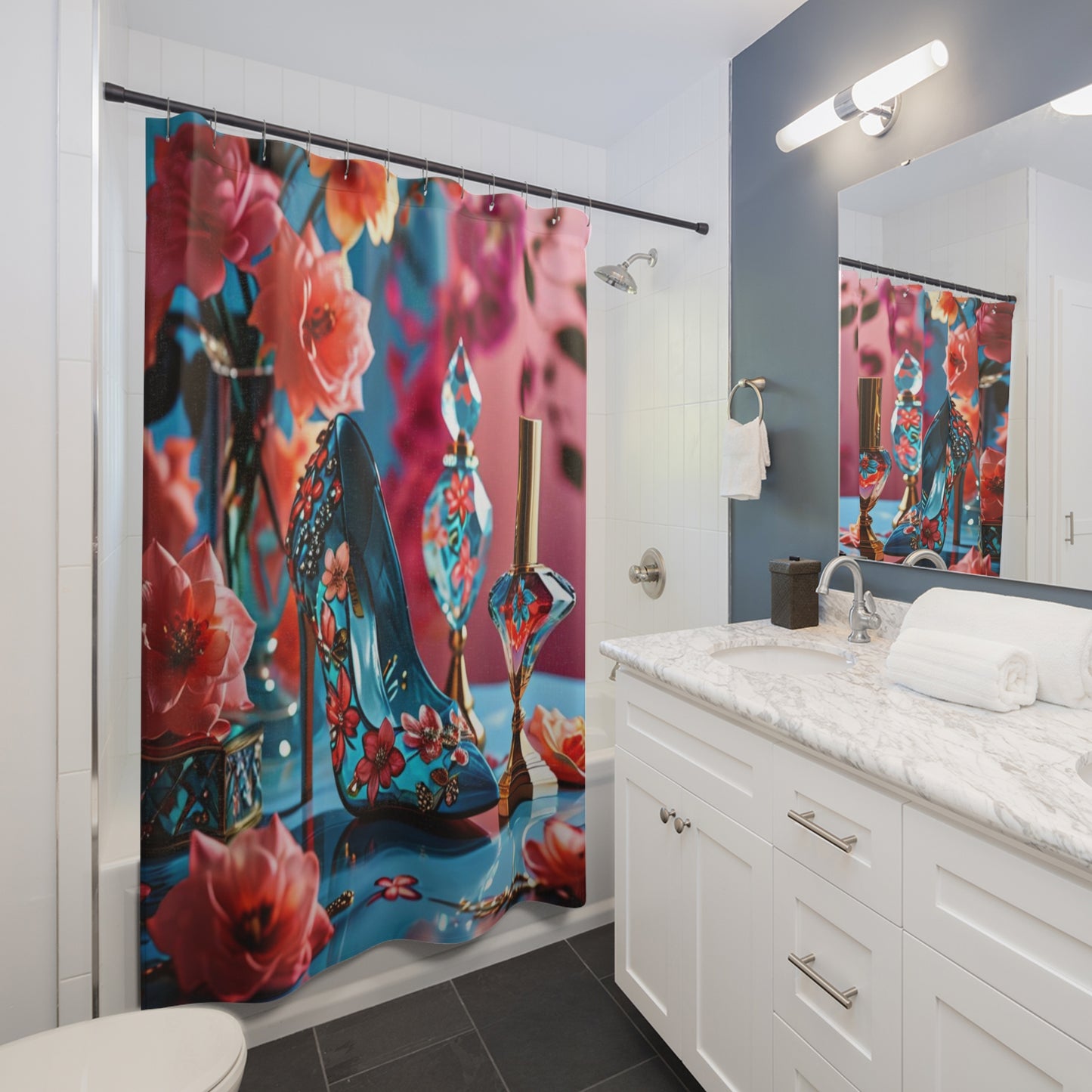 Floral Jeweled Shoe Shower Curtain | Perfume Bottle Vanity