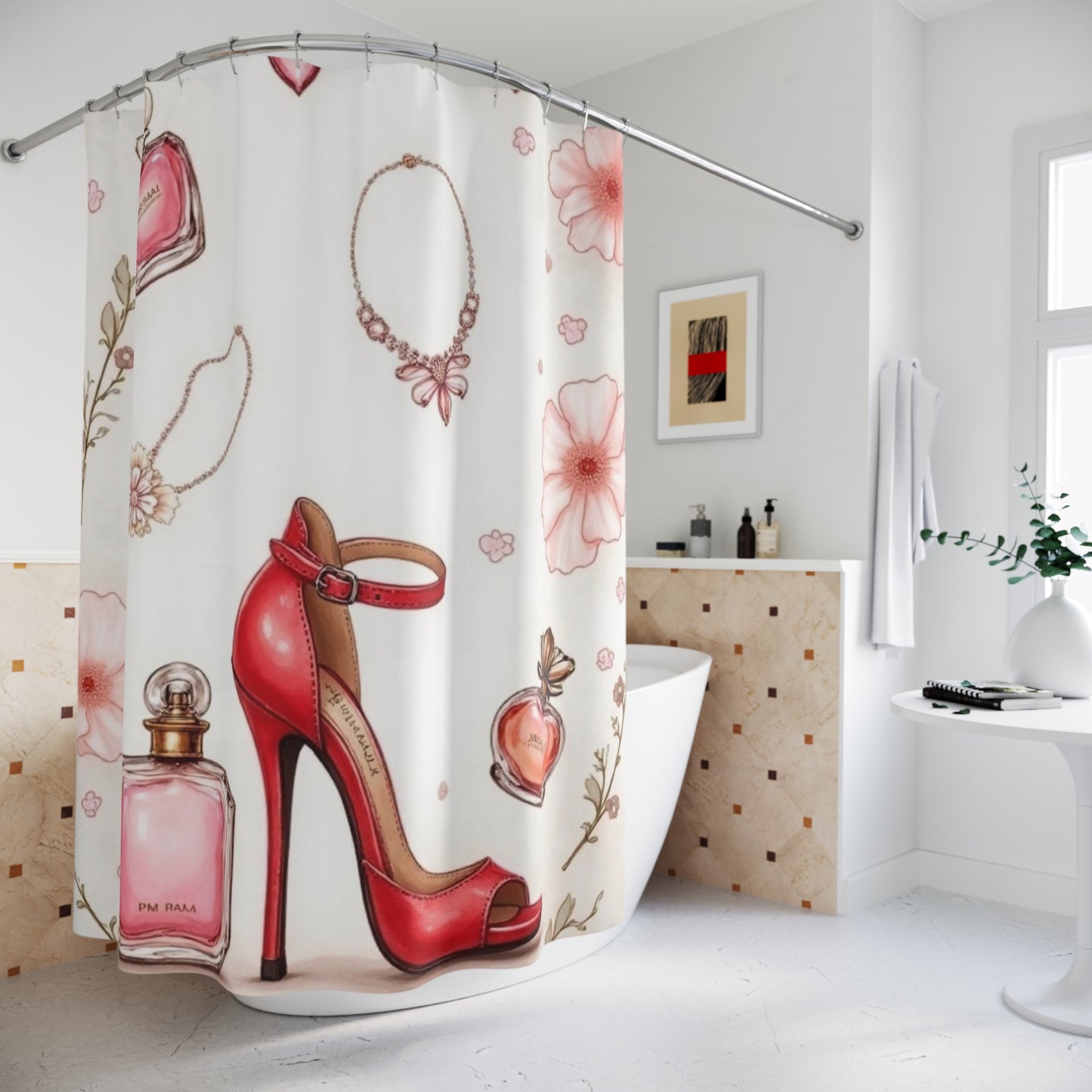 Red High Heel & Perfume Pattern Shower Curtain | Floral Jewelry Bathroom Decor
