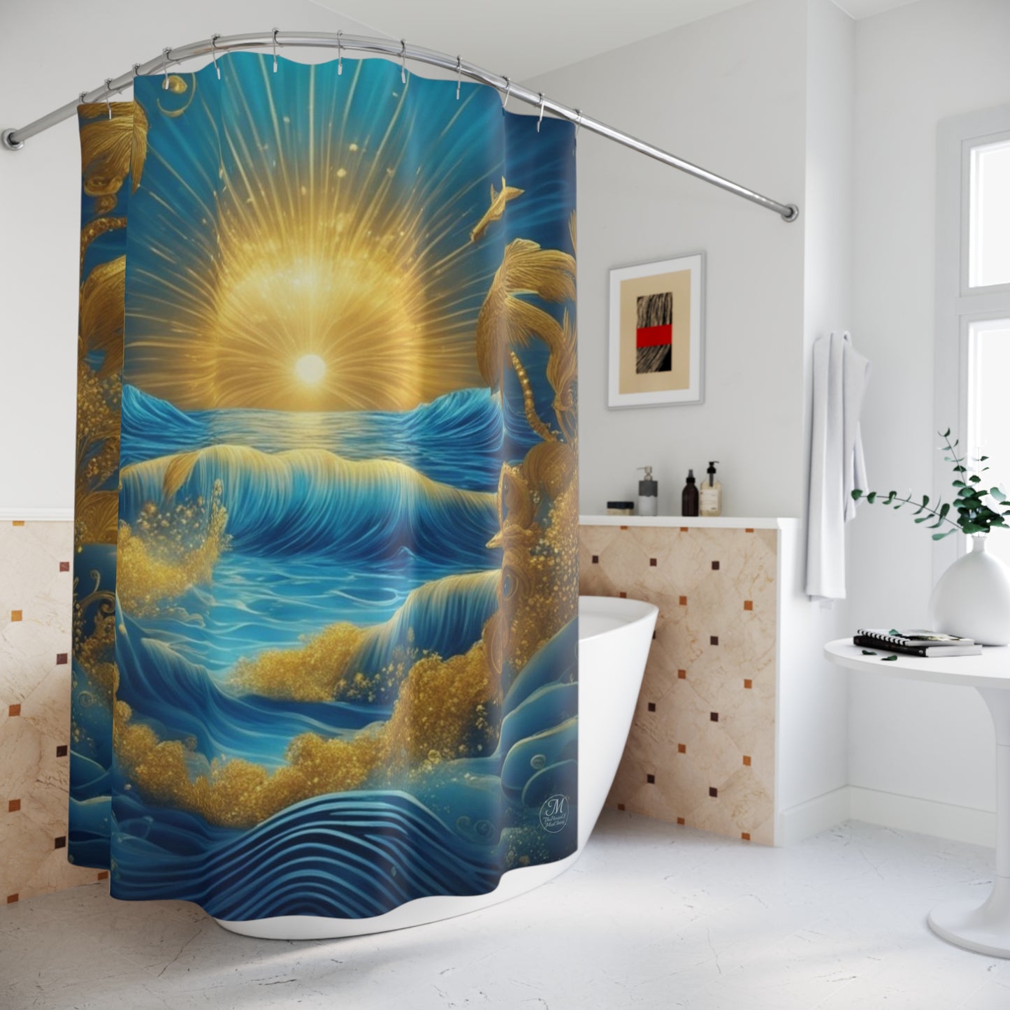 Golden Sunburst Ocean Whimsical Scene Shower Curtain | Nautical Waves, Dolphins