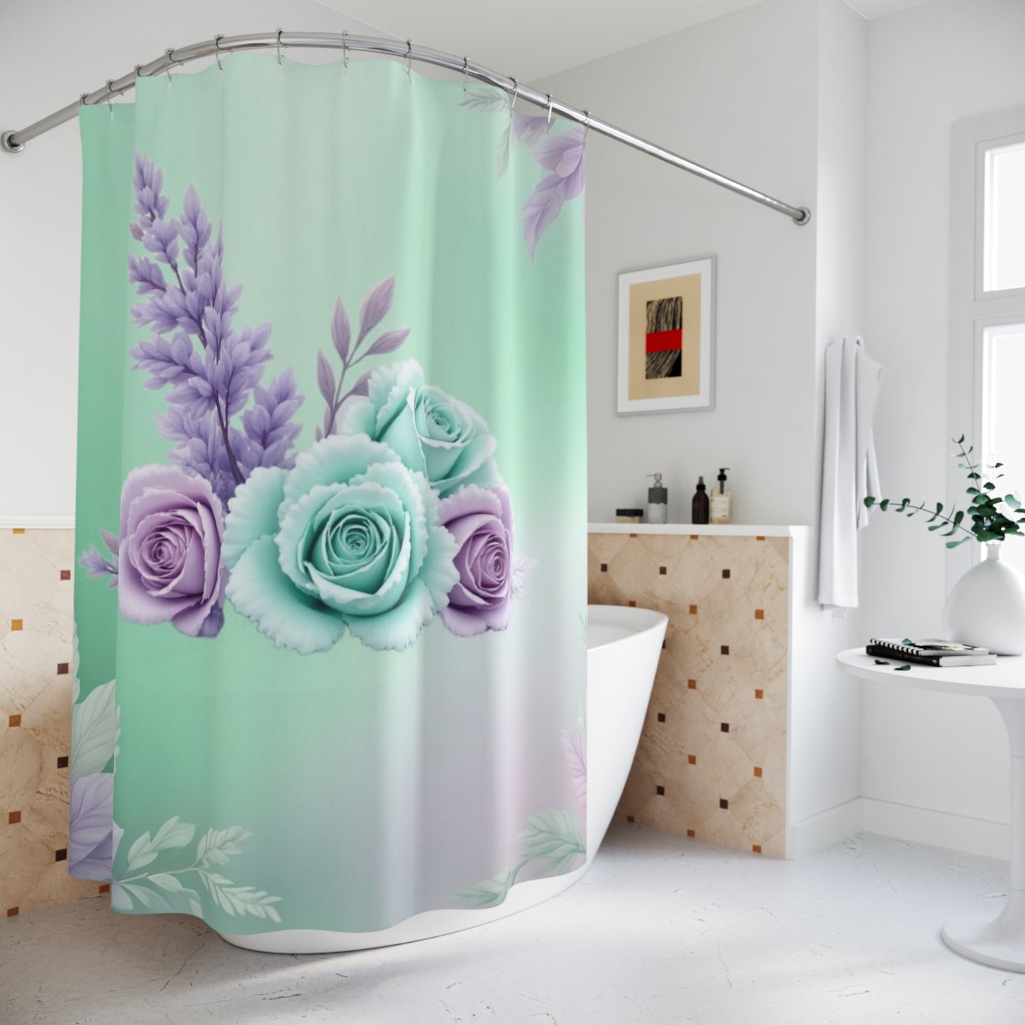 Mint and Lavender Floral Shower Curtain | Rose Bouquet Bathroom Decor