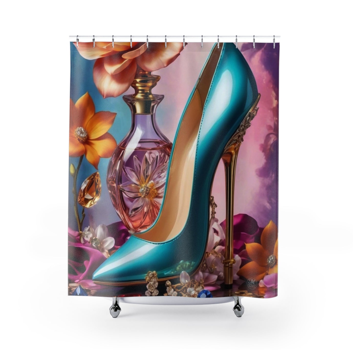 Teal Stiletto & Perfume Bottle Shower Curtain | Glam Floral Vanity