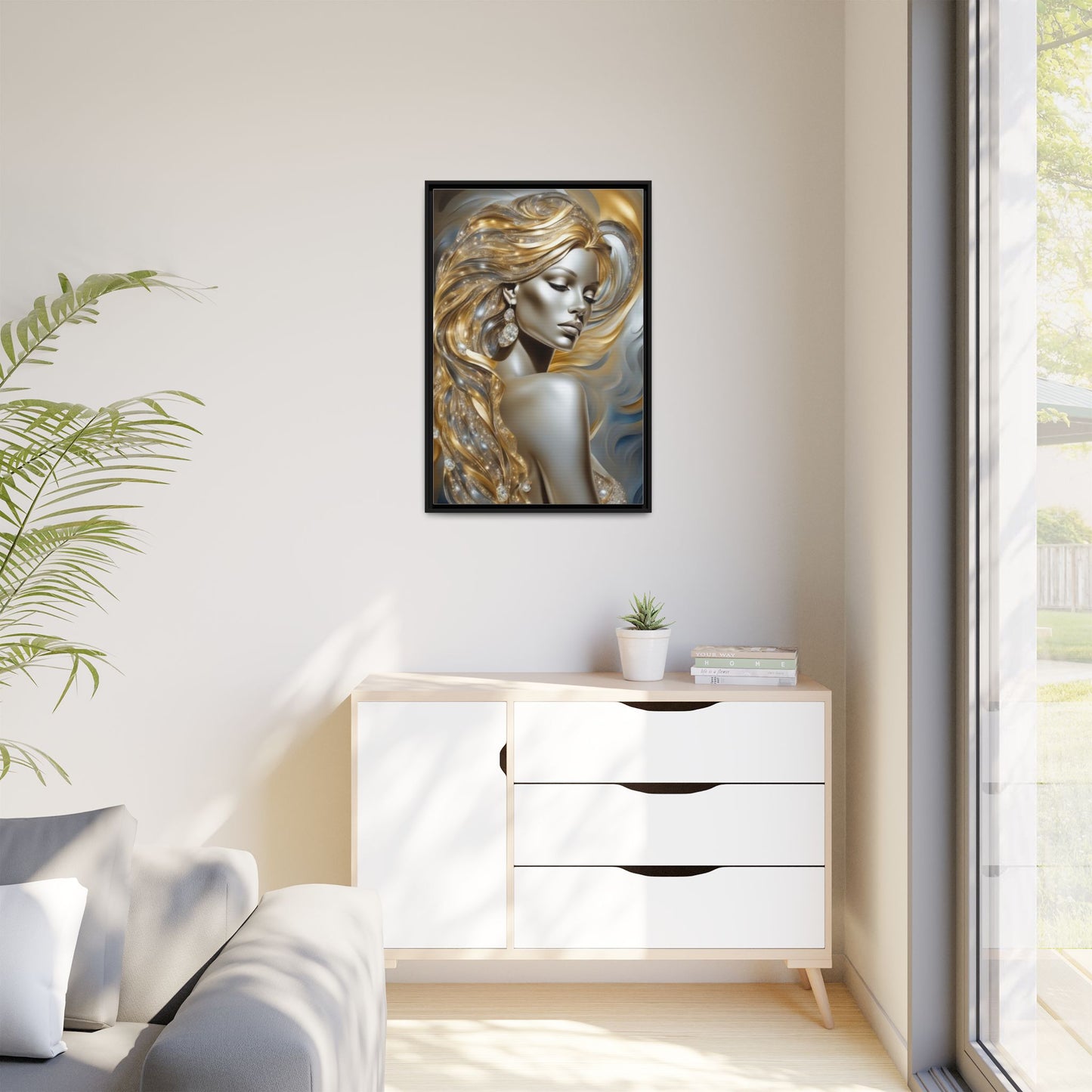 Golden Goddess Portrait Matte Canvas 24x36 Framed | Metallic Woman Wall Art