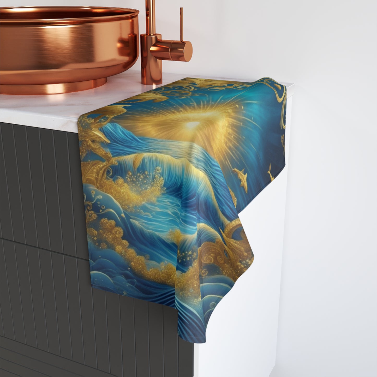 Golden Sunrise Ocean Waves Whimsical Hand Towel | Nautical Sunburst Beach Scene