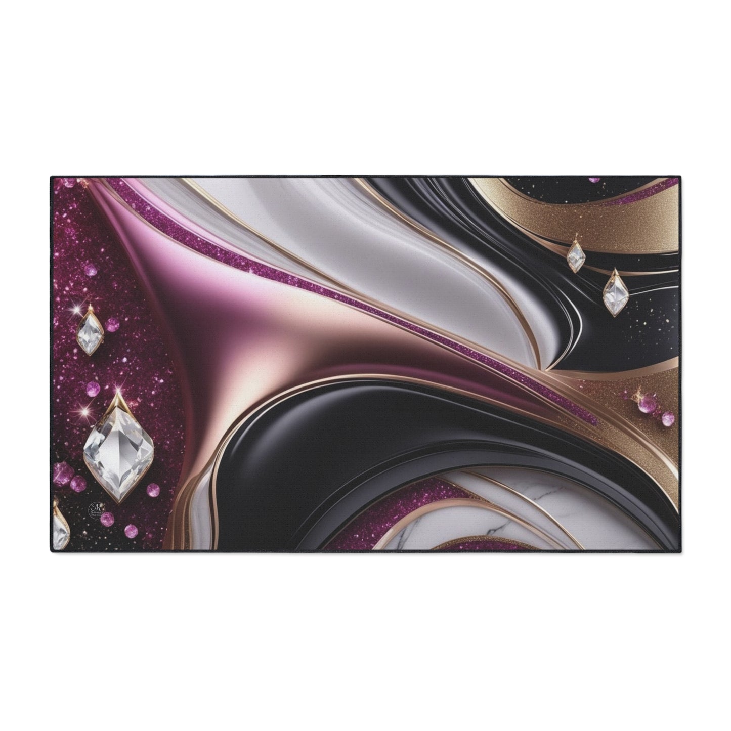 Abstract Metallic Swirl Floor Mat | Pink Gold Black Gemstone Accents