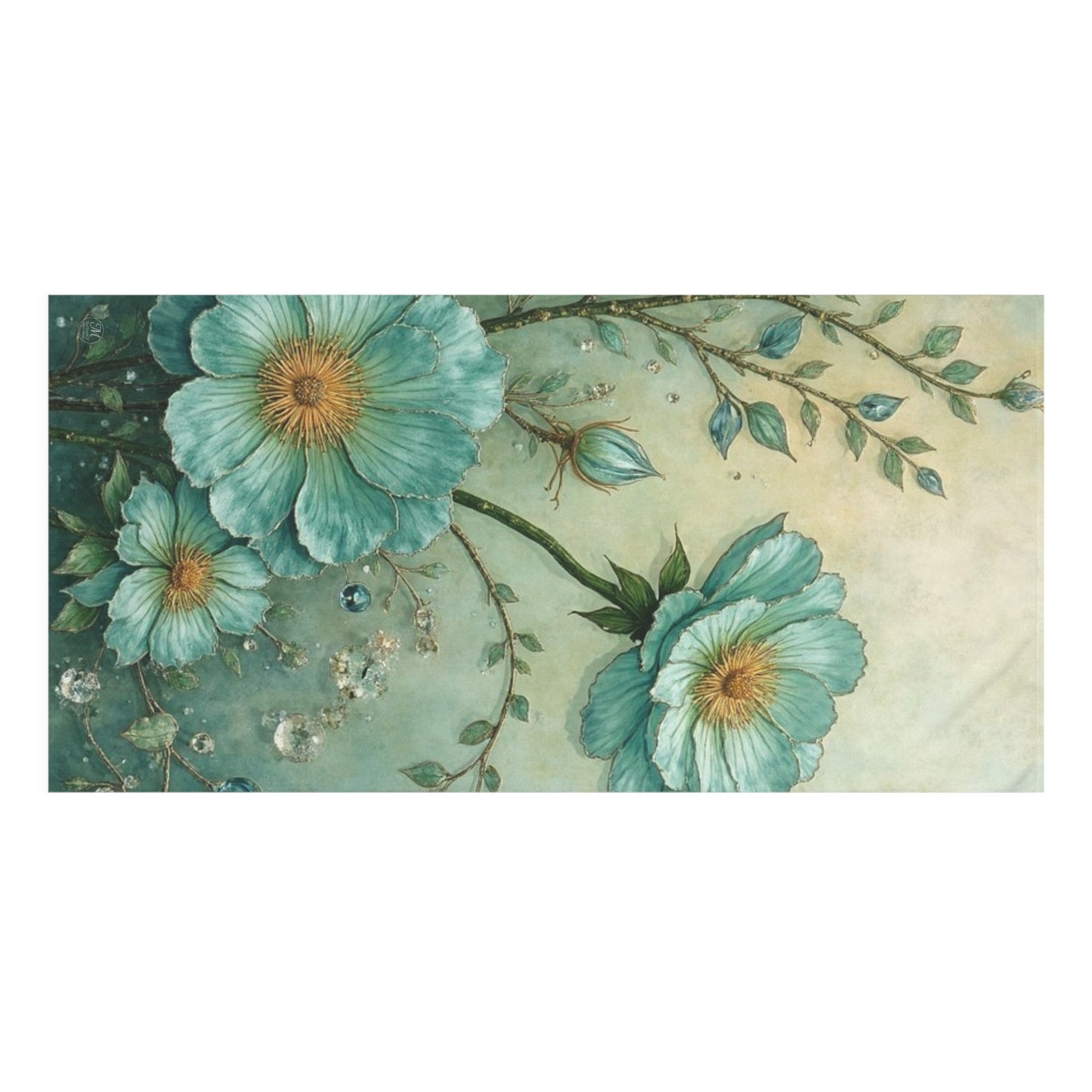 Teal Floral Watercolor Mink-Cotton Towel | Botanical Bloom Design