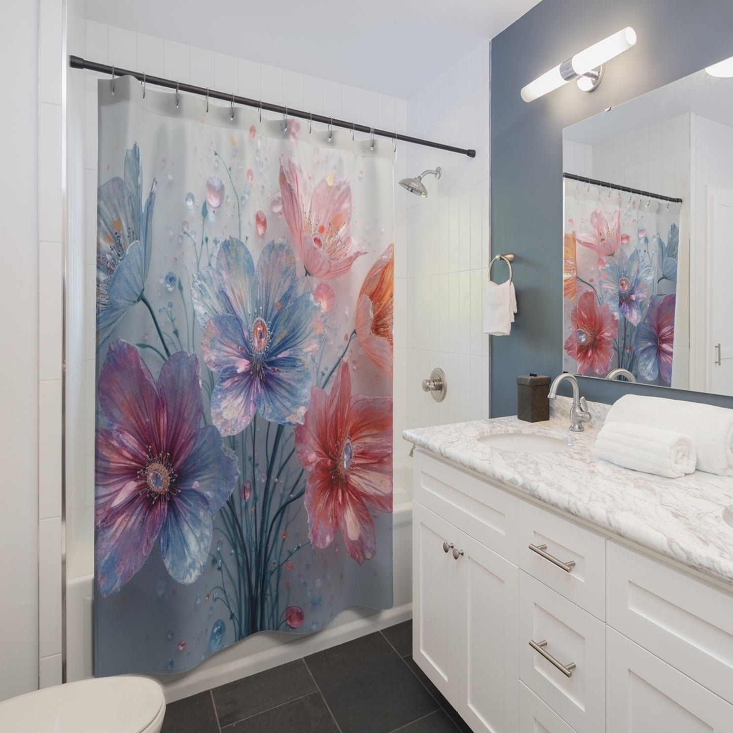 Watercolor Floral Bouquet Shower Curtain | Pastel Flowers, Raindrop Detail