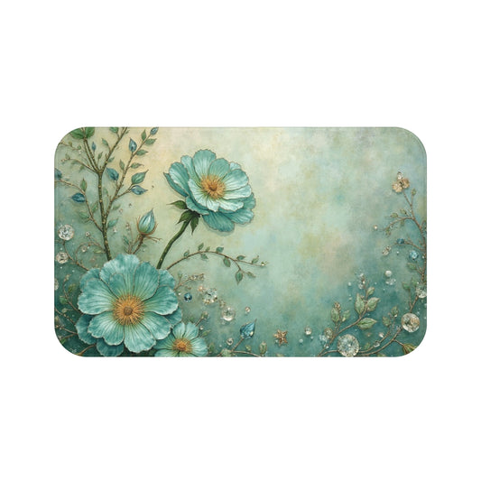 Teal Floral Bloom Bath Mat | Watercolor Flowers