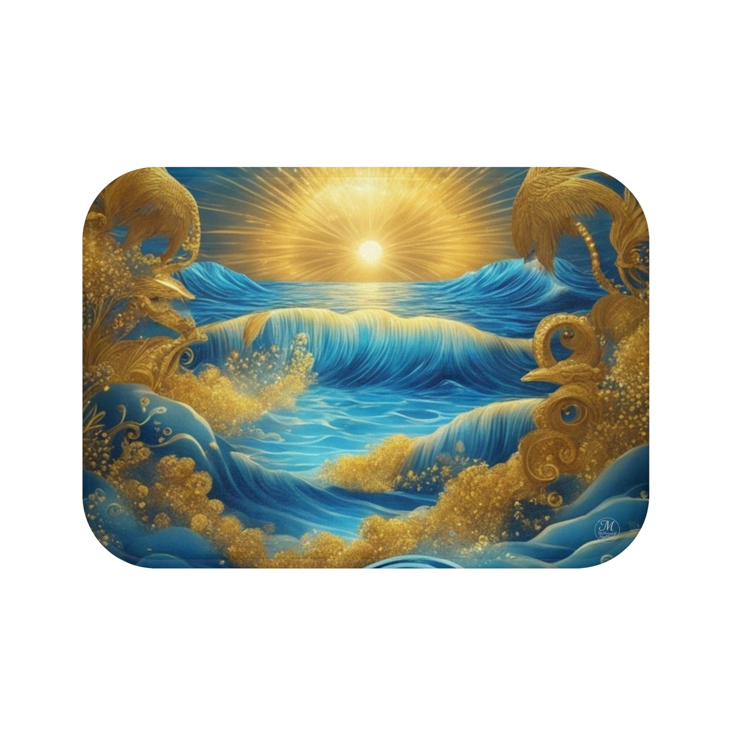 Golden Sunrise Whimsical Ocean Waves Bath Mat | Blue Sea Sunlight Décor
