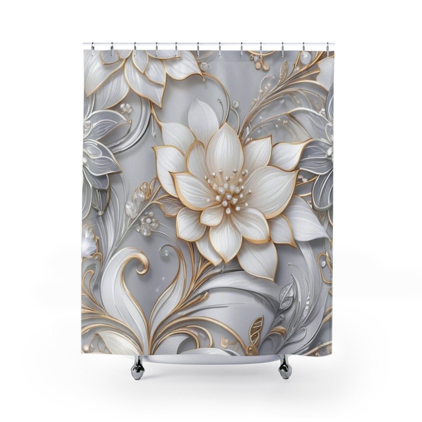 Gold Accent Floral Shower Curtain silver background | Elegant 3D Lotus Bathroom Drapery
