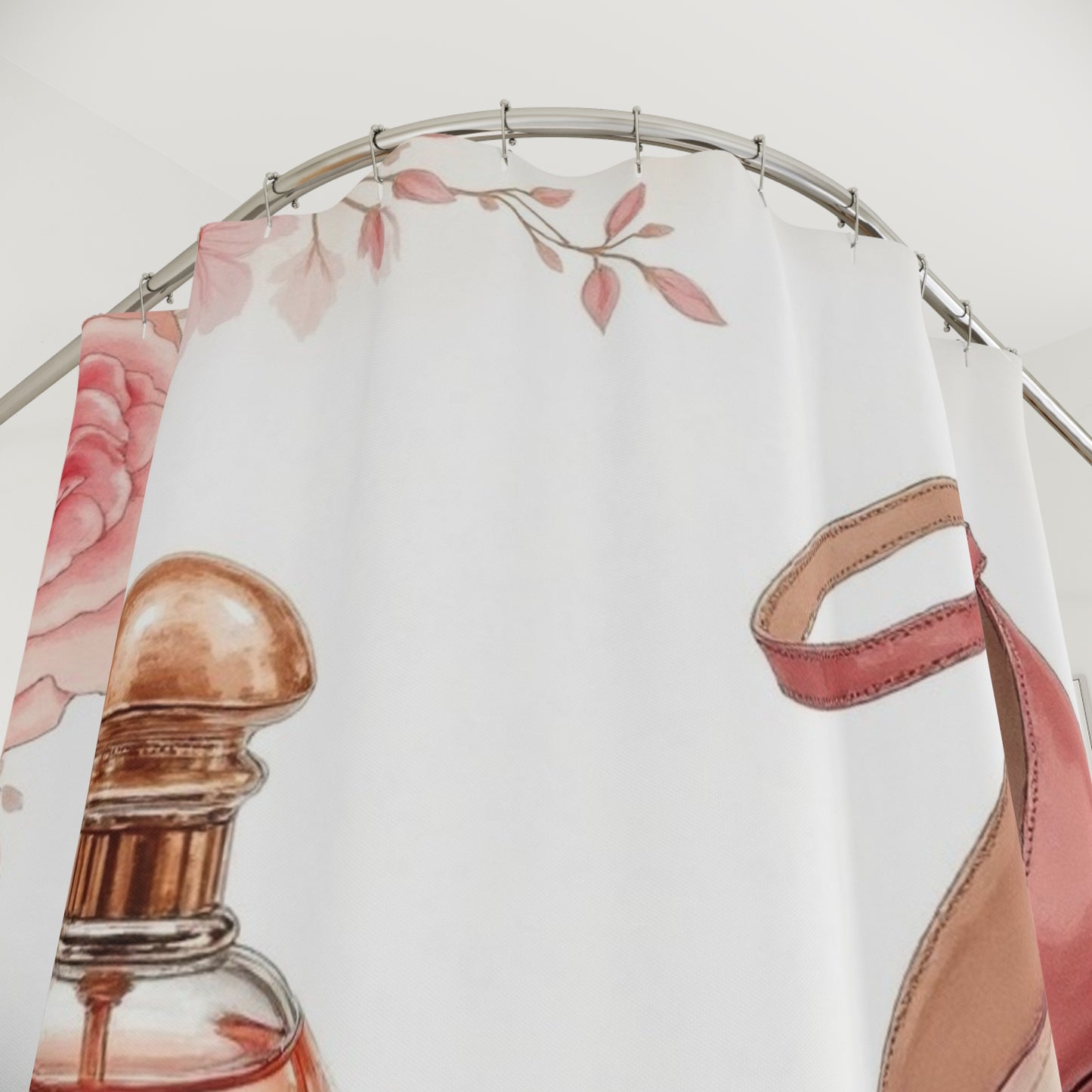 Pink High Heel Shoe Perfume Bottle Shower Curtain | Floral Vanity Bath
