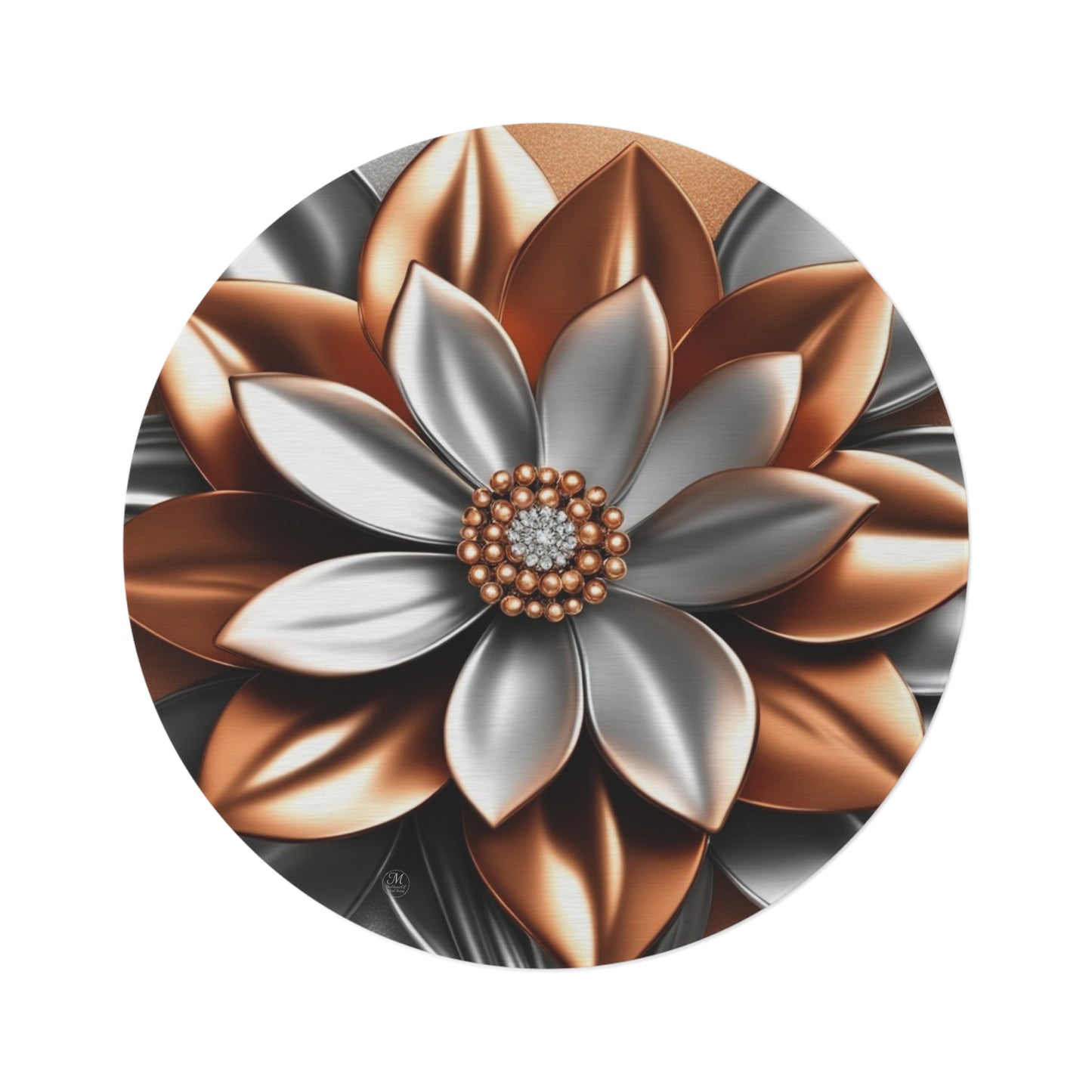 Metallic Floral Mandala Round Rug | Copper Silver Flower Rug