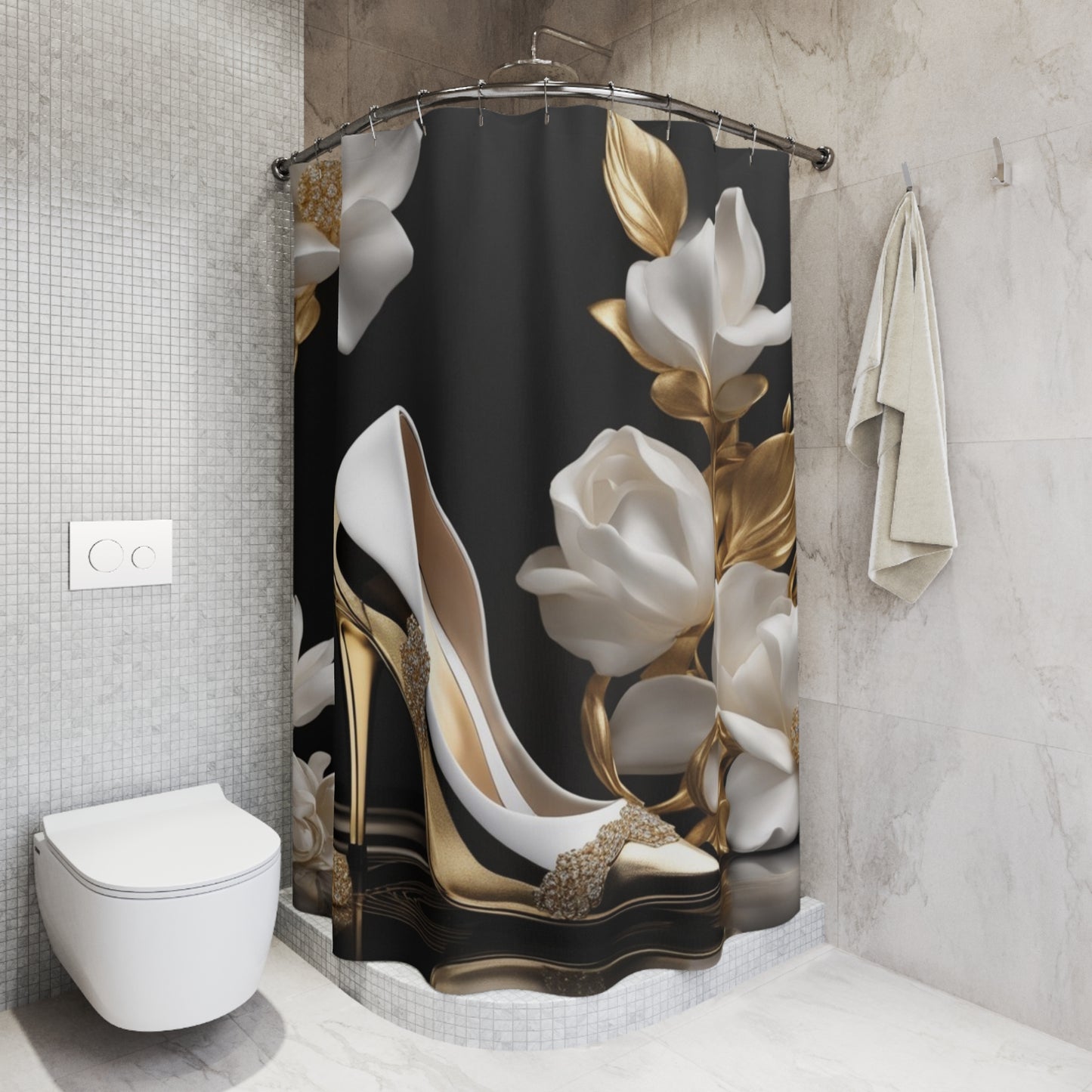 Elegant Stiletto & Gold Floral Shower Curtain — Luxury Bathroom Décor