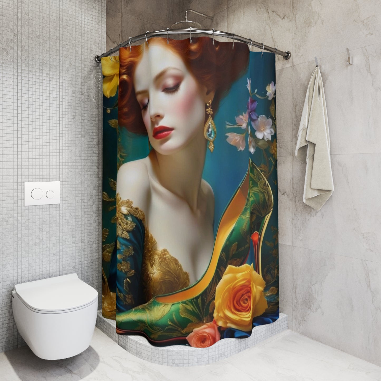 Redhead Portrait Shower Curtain | Floral Art, Green Stiletto, Romantic Bathroom
