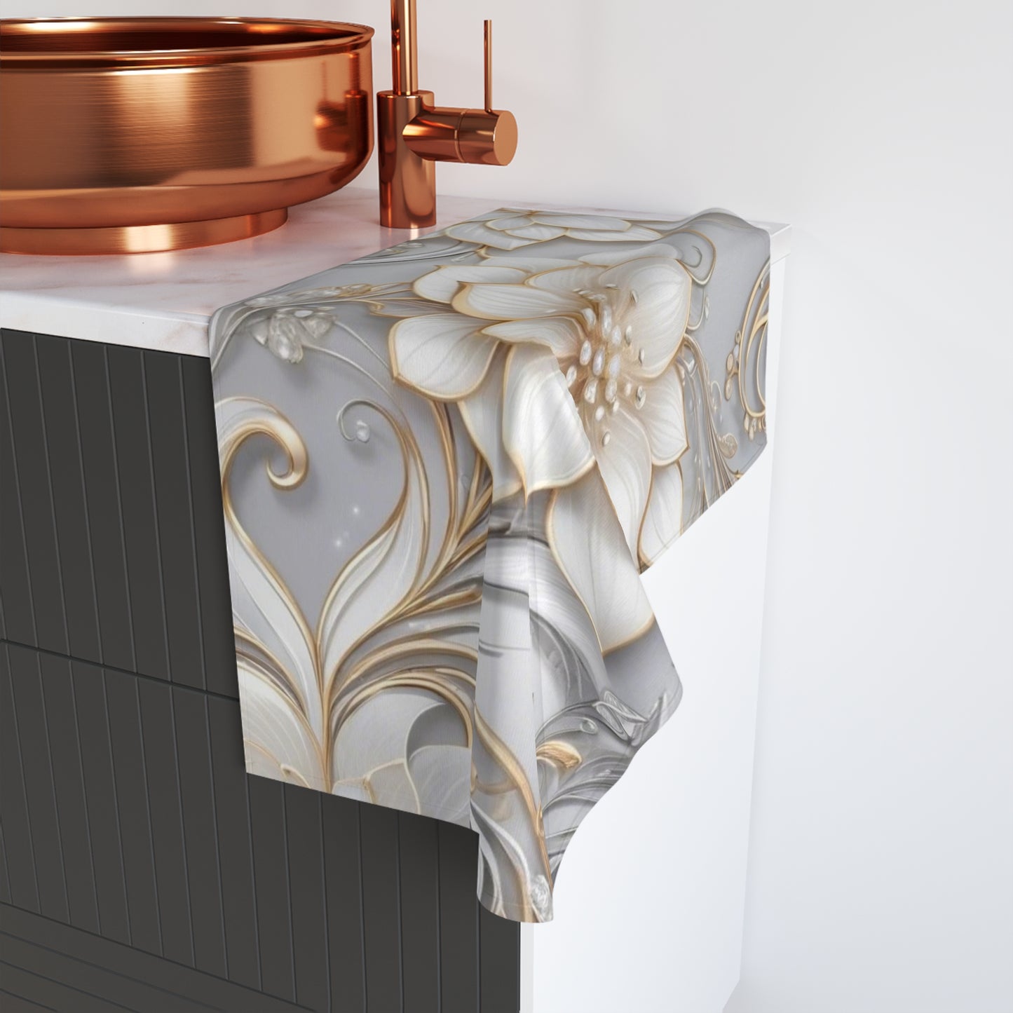 White Gold Floral Hand Towel with Silver Grey bg. | Elegant 3D Lotus Pattern