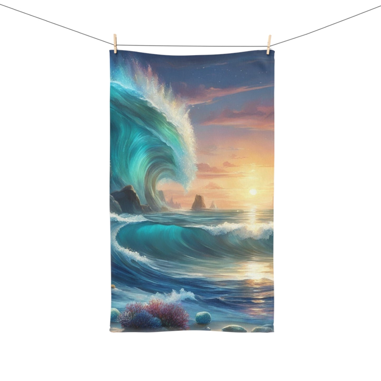 Sunset Ocean Wave Hand Towel | Turquoise Surf Seascape