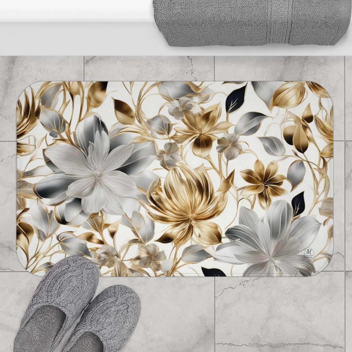 Golden and Silver Floral Bath Mat | Neutral Flower Bathroom Rug