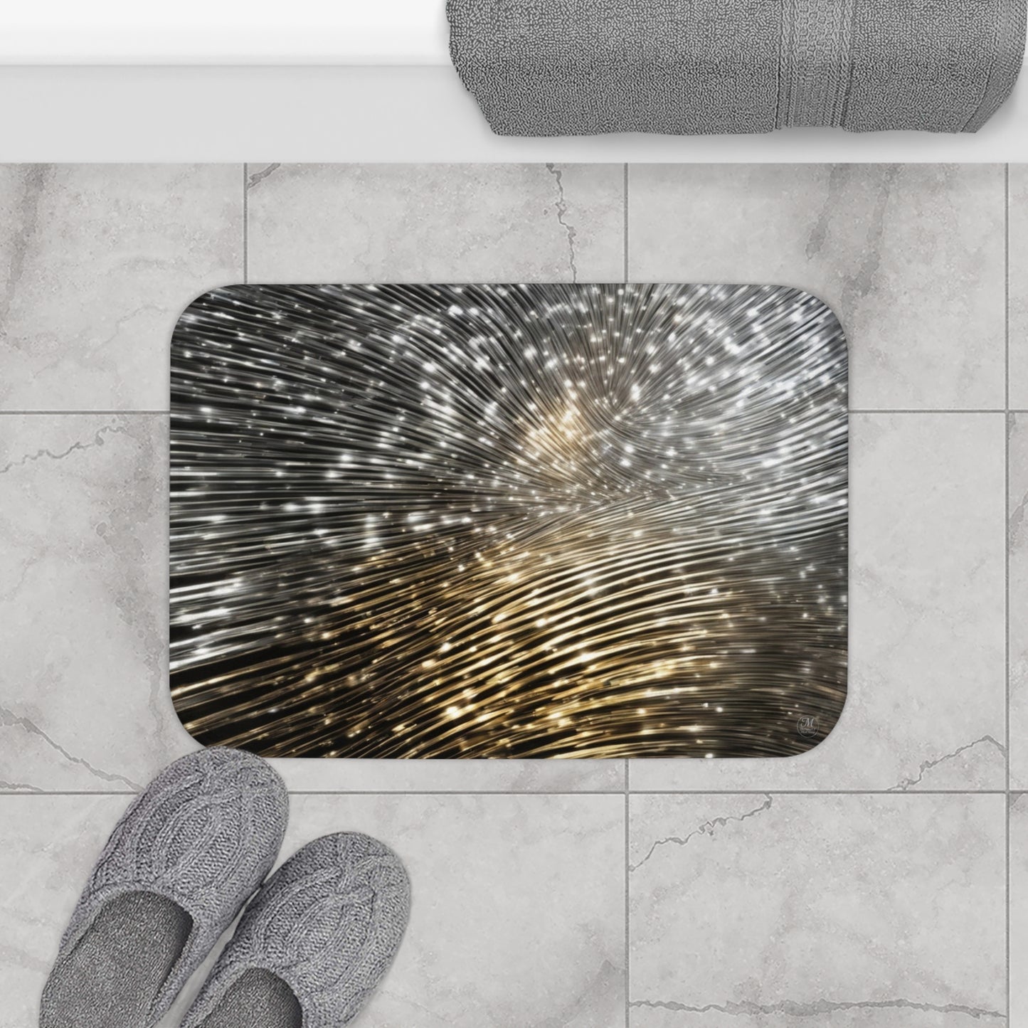 Gold and Silver Light Streaks Bath Mat | Abstract Starburst Design