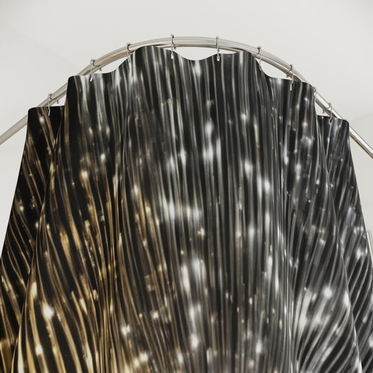 Abstract Starburst Pattern Shower Curtain | Metallic Black Gold Sparkle