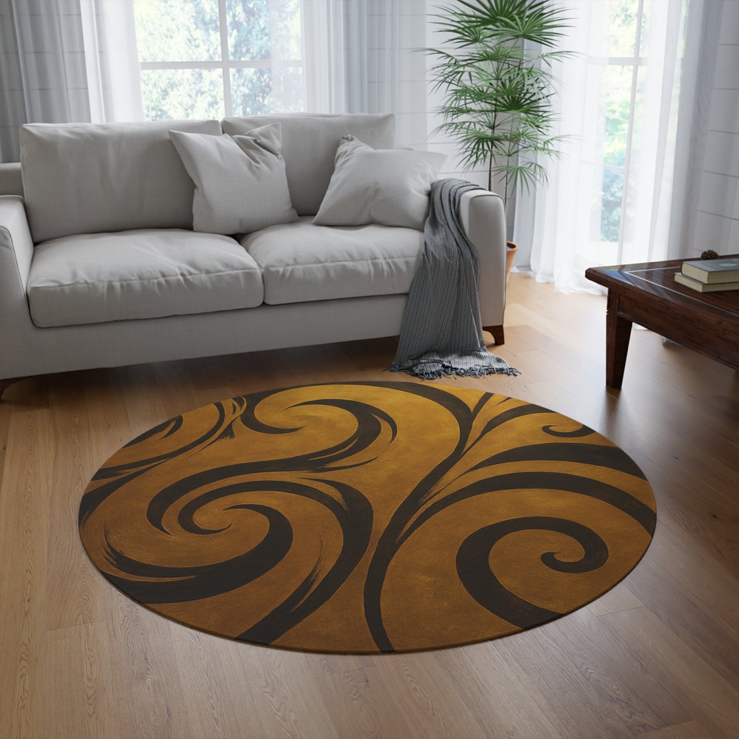 Gold Scroll Swirl Round Rug | Boho Decorative Floor Mat