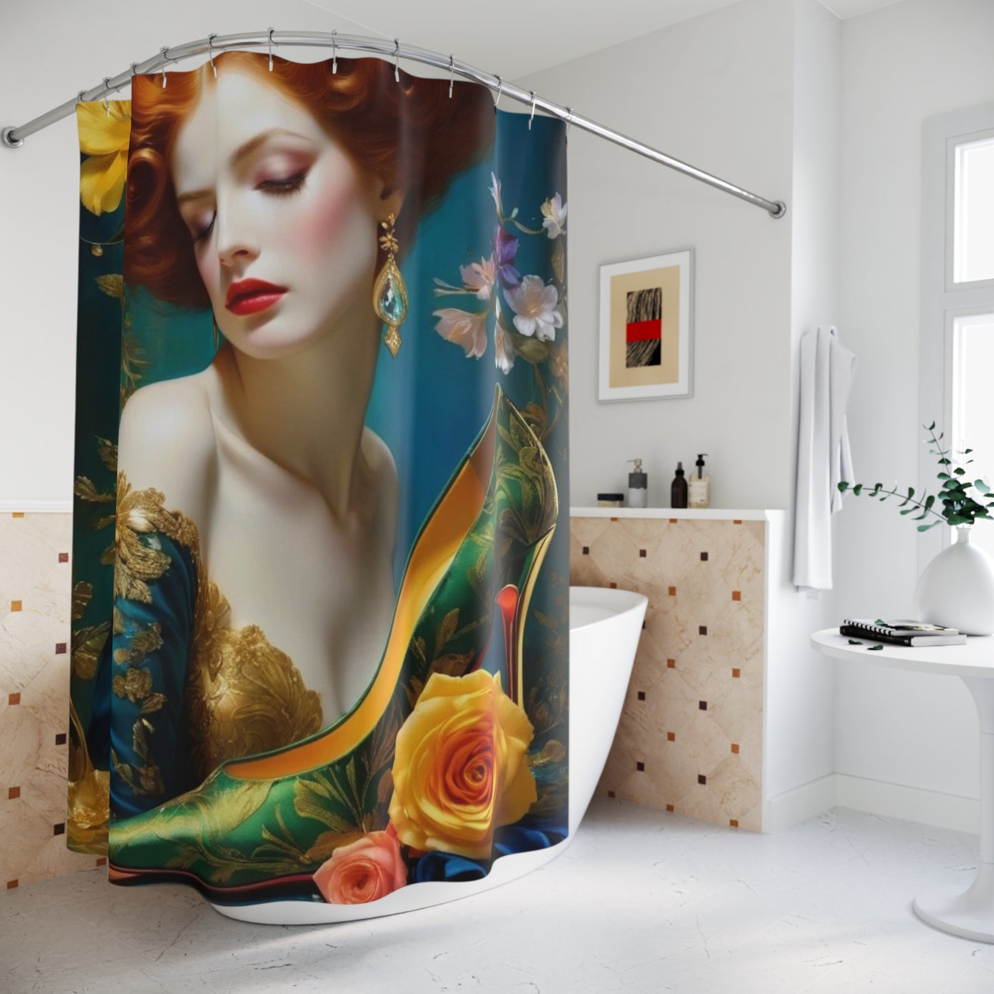 Redhead Portrait Shower Curtain | Floral Art, Green Stiletto, Romantic Bathroom