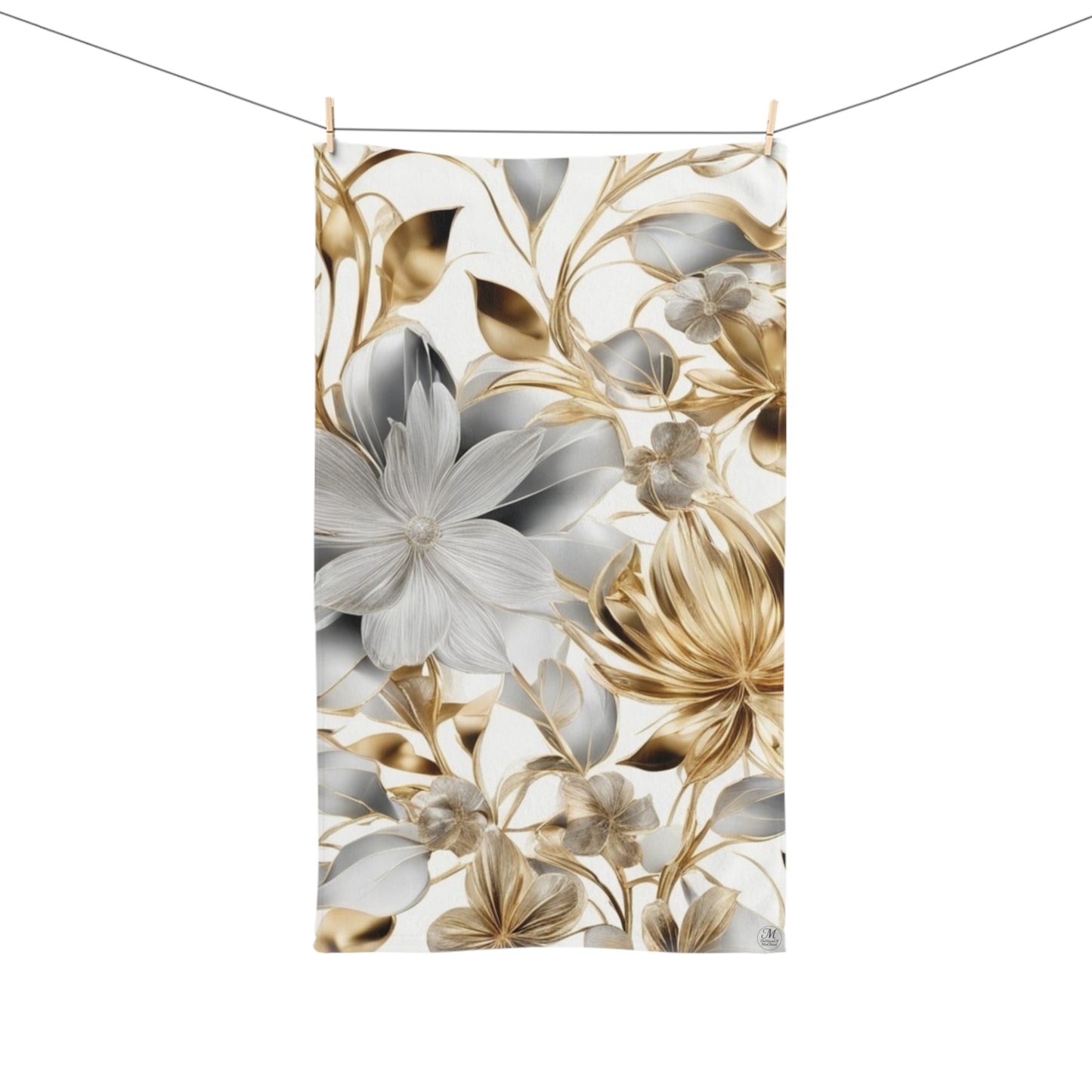 Gold and Silver Floral Hand Towel | Metallic Botanical Pattern