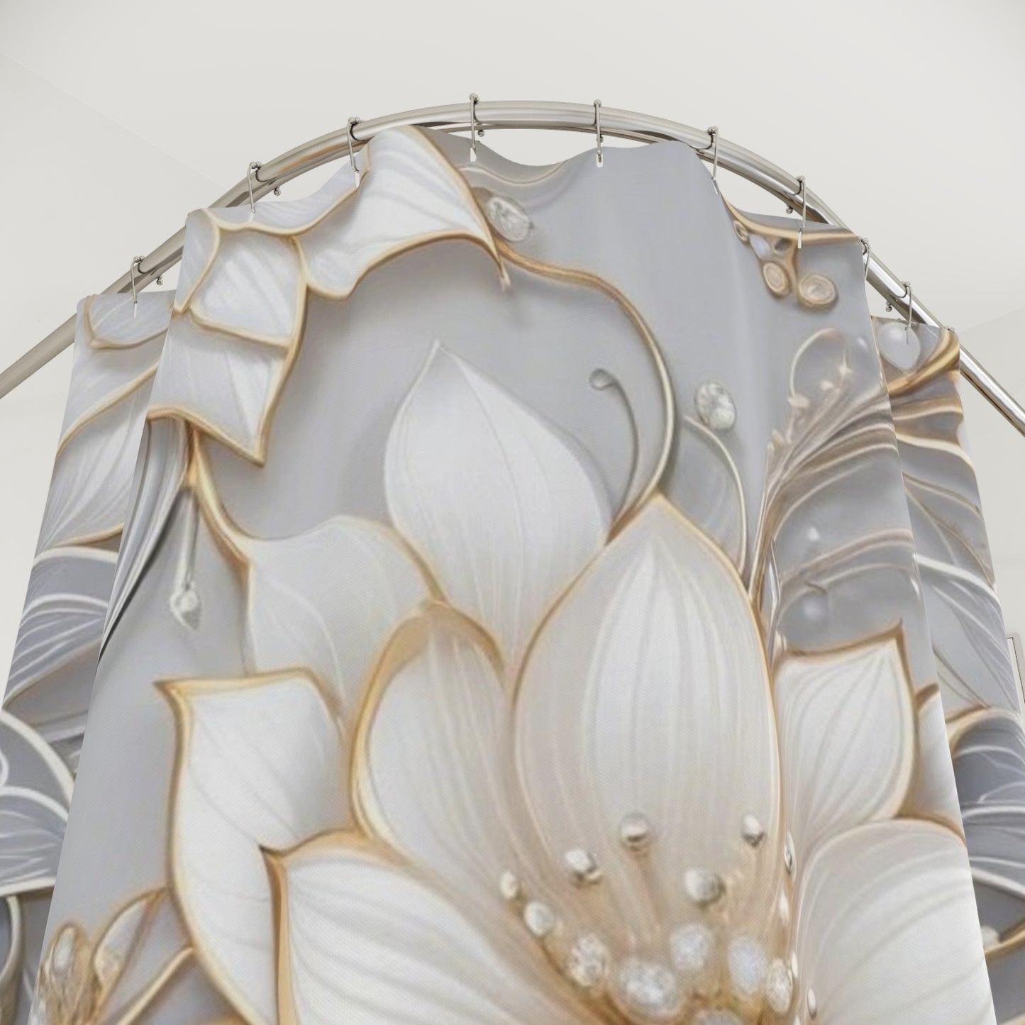 Gold Accent Floral Shower Curtain silver background | Elegant 3D Lotus Bathroom Drapery
