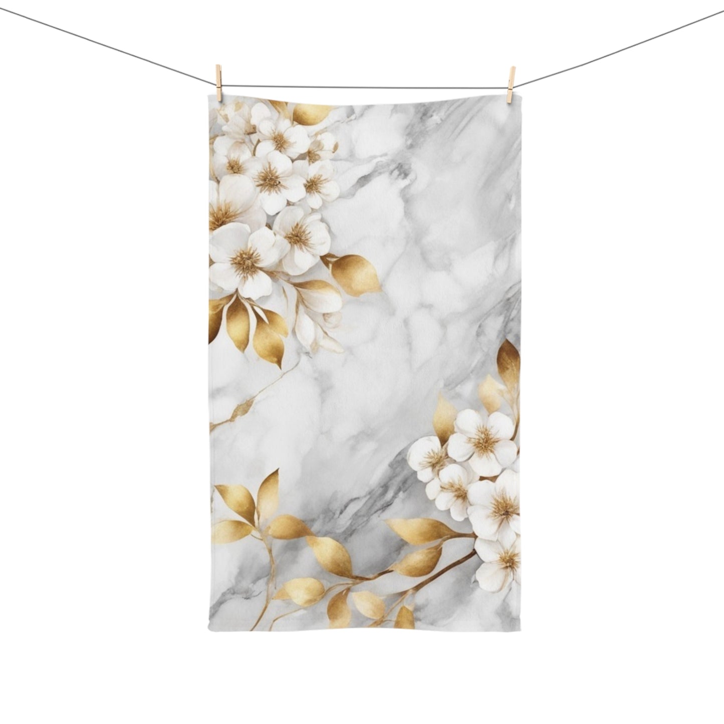 Marble Floral Hand Towel — Gold Blossom Bathroom Accent