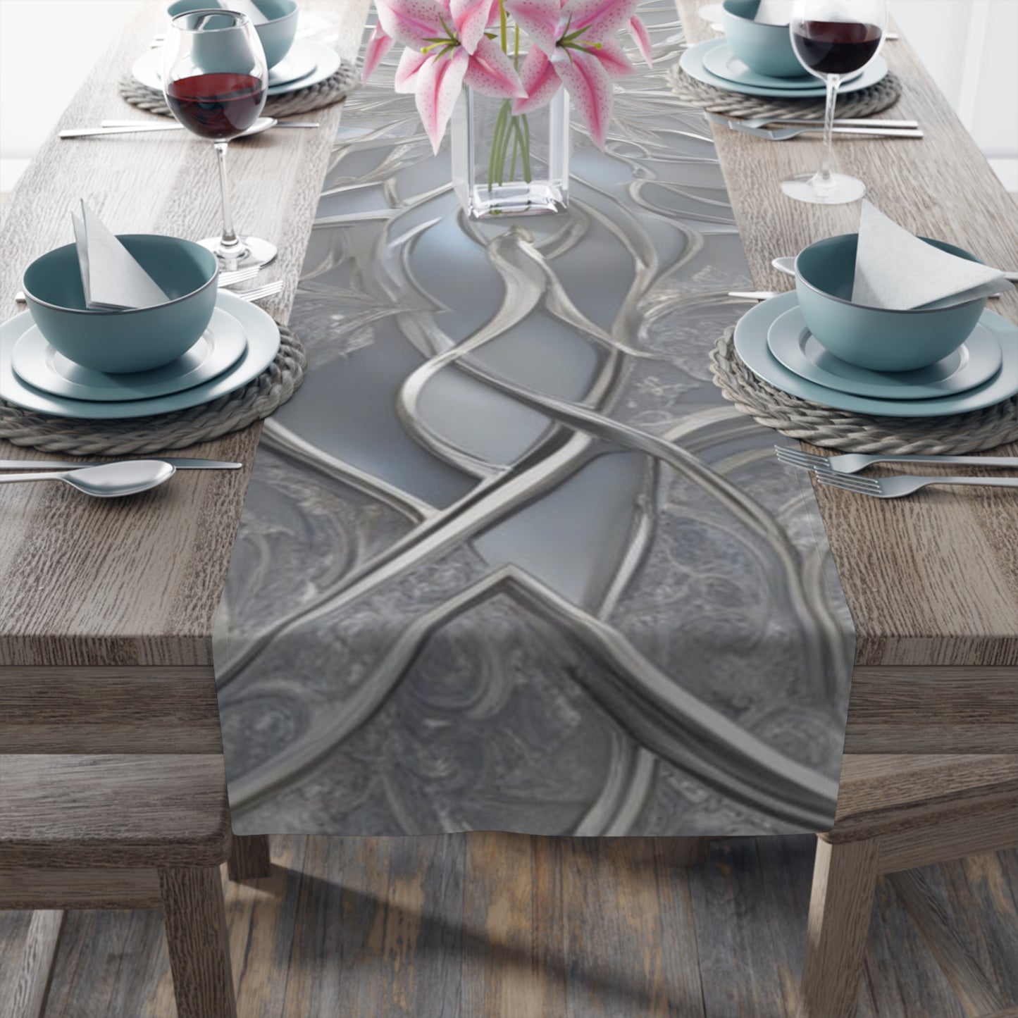 Silver Filigree Floral Table Runner | Gray Metallic Mandala Table Runner