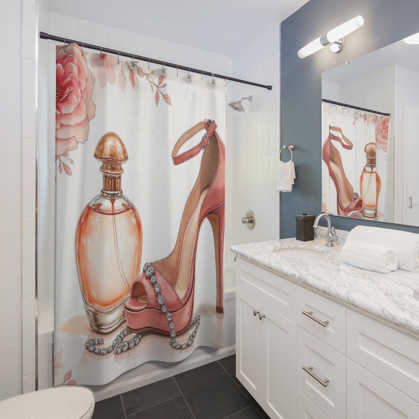 Pink High Heel Shoe Perfume Bottle Shower Curtain | Floral Vanity Bath