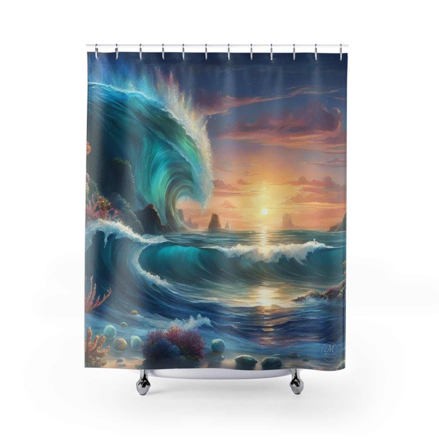 Ocean Wave Sunset Shower Curtain | Turquoise Sea Coastal Bathroom Decor