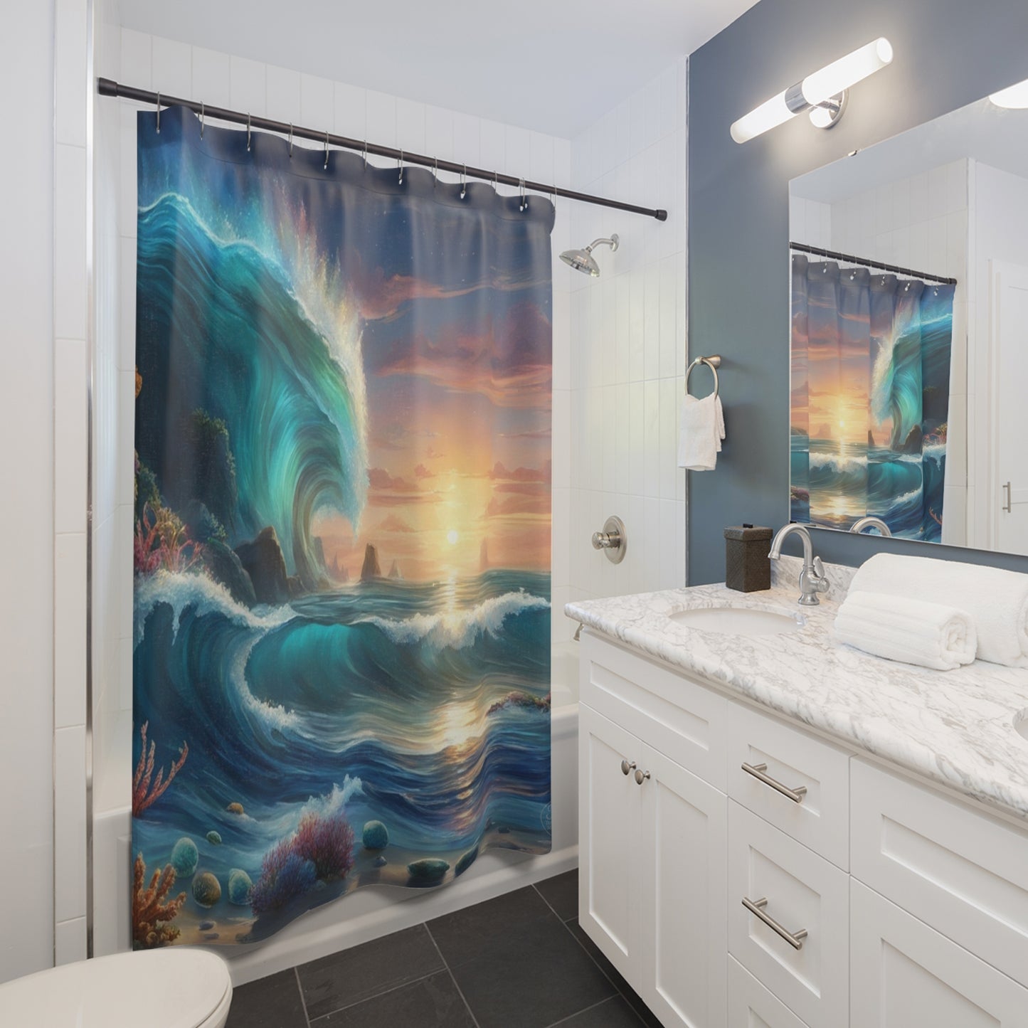 Ocean Wave Sunset Shower Curtain | Turquoise Sea Coastal Bathroom Decor